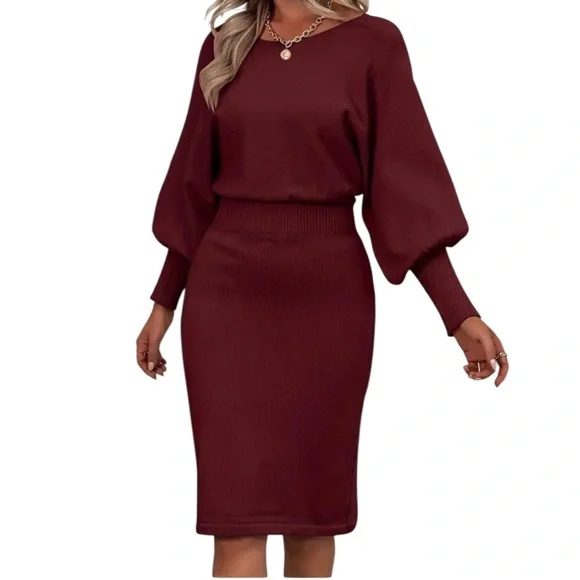 Women’s Solid Color Lantern Sleeve Waist Sweater Dress - Picture 3 of 8